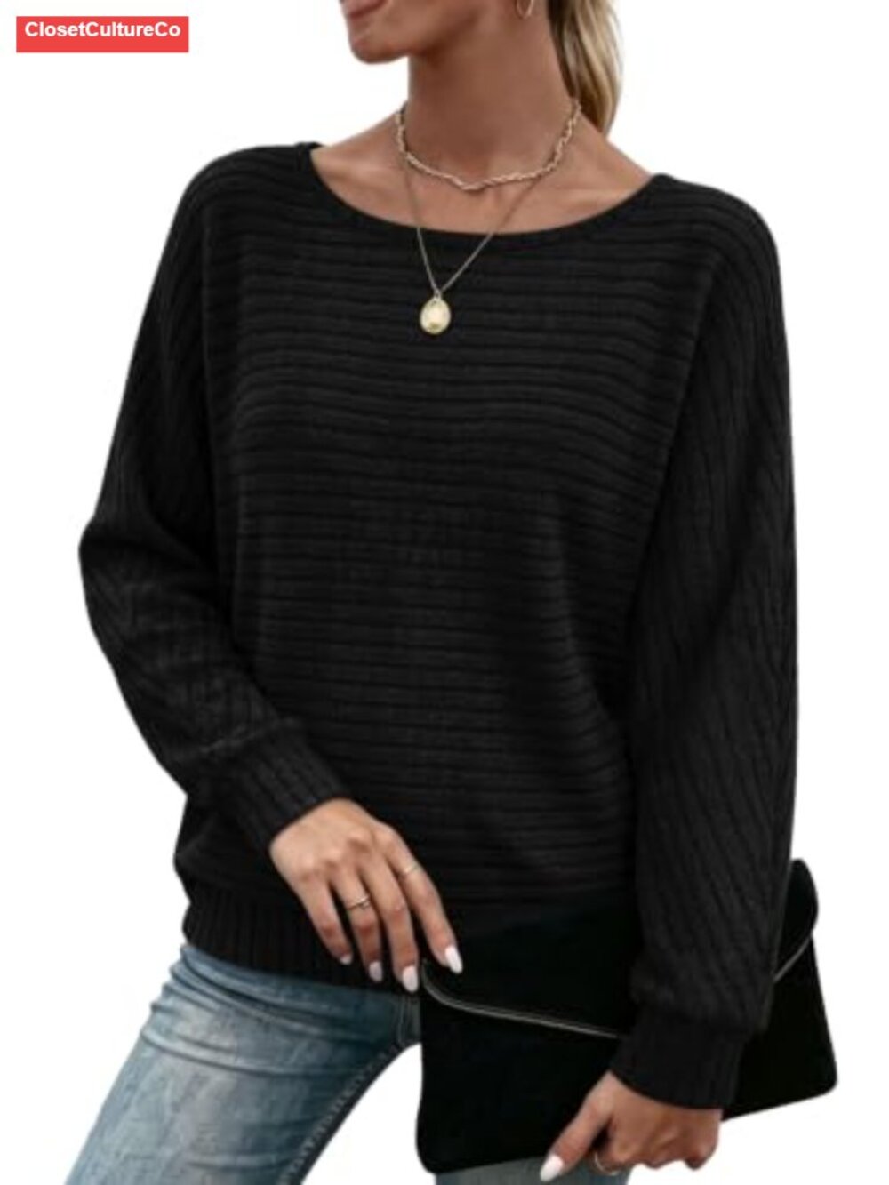 Long Sleeve Crewneck Tunic Top Oversized Sweater Batwing Sleeve